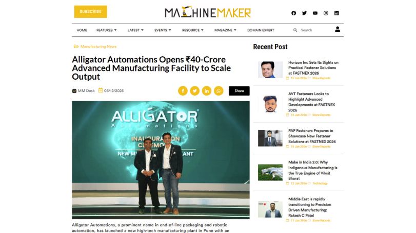 Alligator Automations Strengthens Global Manufacturing Capabilities with New Pune Facility