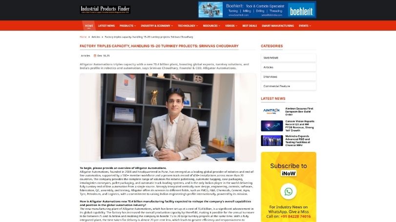 Alligator Automations Triples Factory Throughput to Support Global Turnkey Automation Projects | Industrial Products Finder