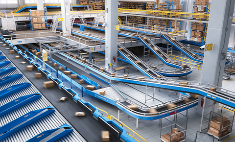 intralogistic conveyor systems with belt conveyors and roller conveyors used in modern warehouse operations
