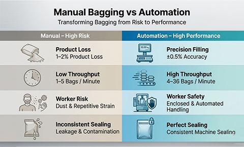 infographic comparing manual bagging risks like product loss and inconsistent sealing with automatic bagger machine benefits including precision filling high throughput and worker safety
