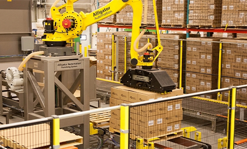 alligator automations robotic palletizer machine stacking cartons on pallet in an automated warehouse manufacturing facility