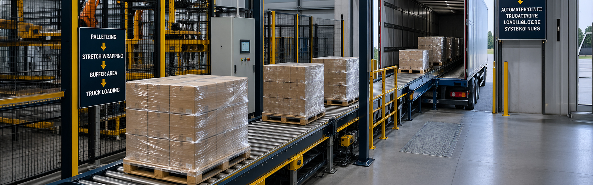 pallet conveyor system moving stretch wrapped pallets through palletizing buffer area and automatic truck loading system in an end of line automation facility