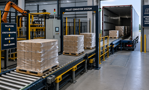 pallet conveyor system transporting stretch wrapped pallets through palletizing stretch wrapping and buffer area stages to automatic truck loading system in a warehouse facility