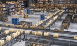 smart conveyor system moving cartons in a modern warehouse intralogistics environment