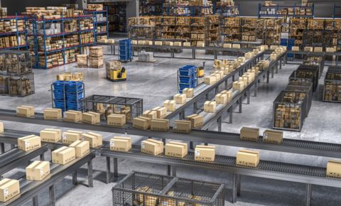smart conveyor system moving cartons in a modern warehouse intralogistics environment