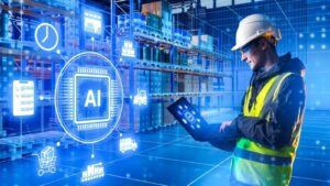 warehouse operator using AI driven packaging automation technology in a modern manufacturing facility