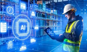 warehouse operator using AI driven packaging automation technology in a modern manufacturing facility