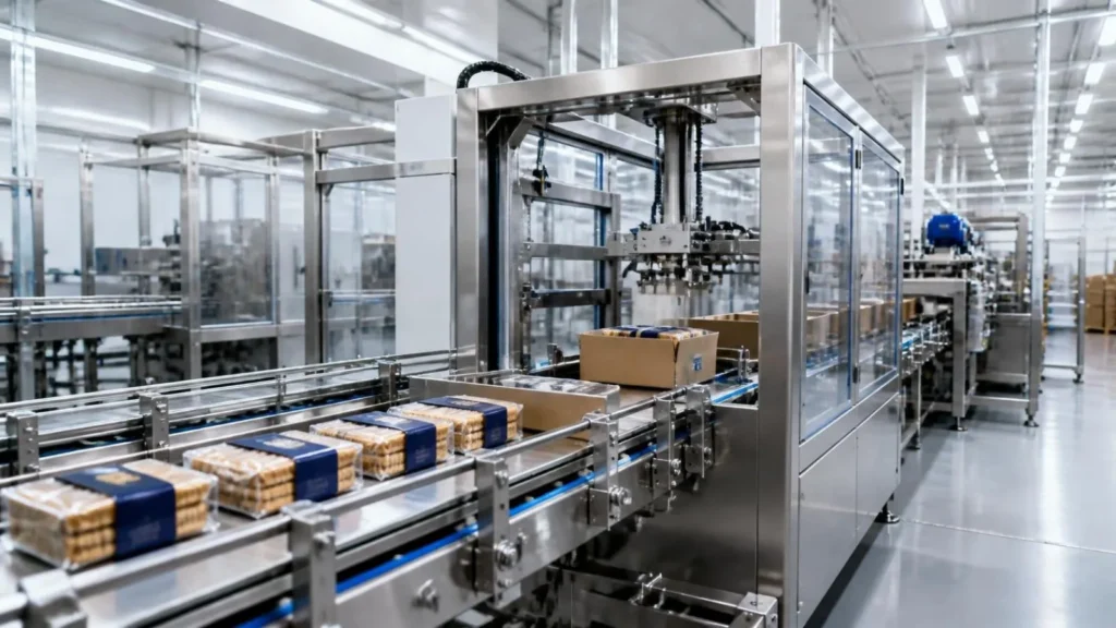 Box packing machine in a food industry production line handling packaged products on a conveyor for faster, hygienic end-of-line automation