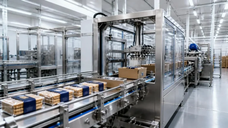 Box packing machine in a food industry production line handling packaged products on a conveyor for faster, hygienic end-of-line automation