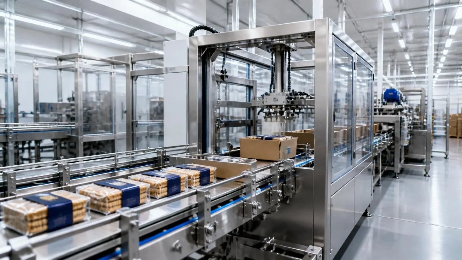 Box packing machine in a food industry production line handling packaged products on a conveyor for faster, hygienic end-of-line automation