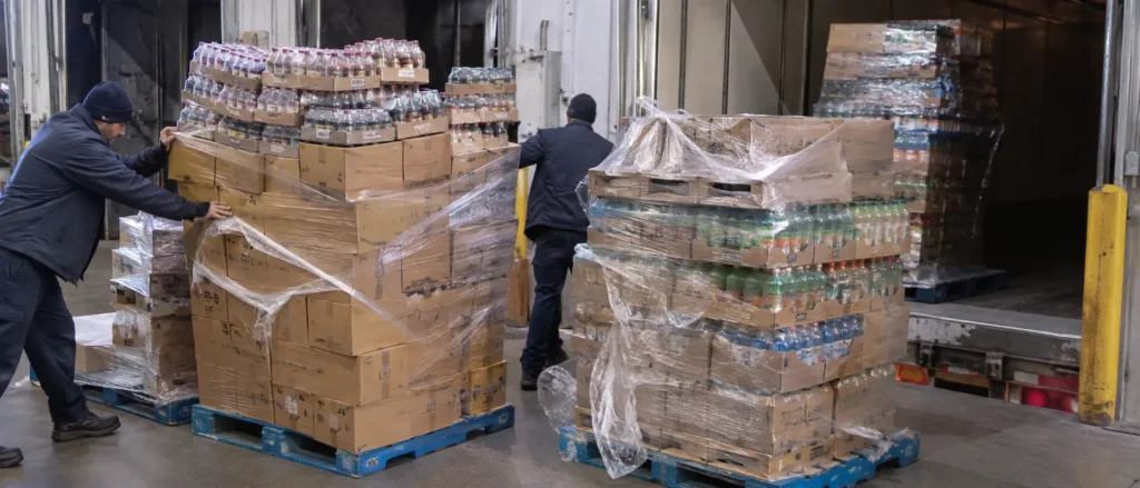 Food packaging line with packed products, operators, and end-of-line handling creating production bottlenecks.