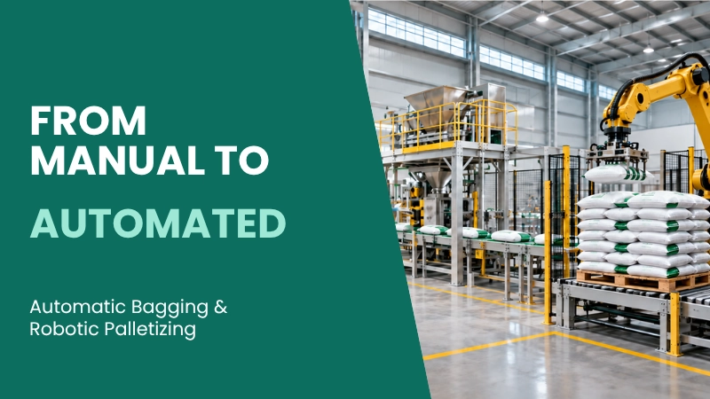 Automatic bagging machine and robotic palletizing system for automated fertilizer packaging