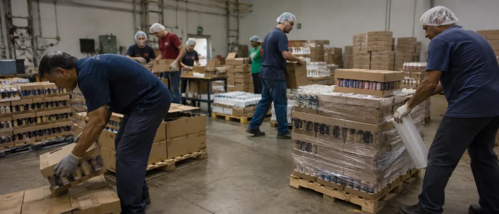 Packed food cartons and products being handled in a packaging area with risk of product damage.