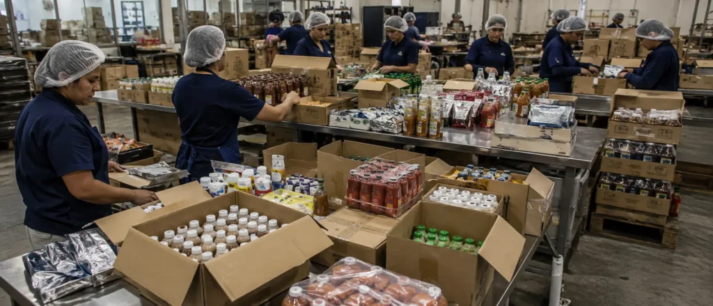 Food packaging area with manual product handling and packed products moving through the line.