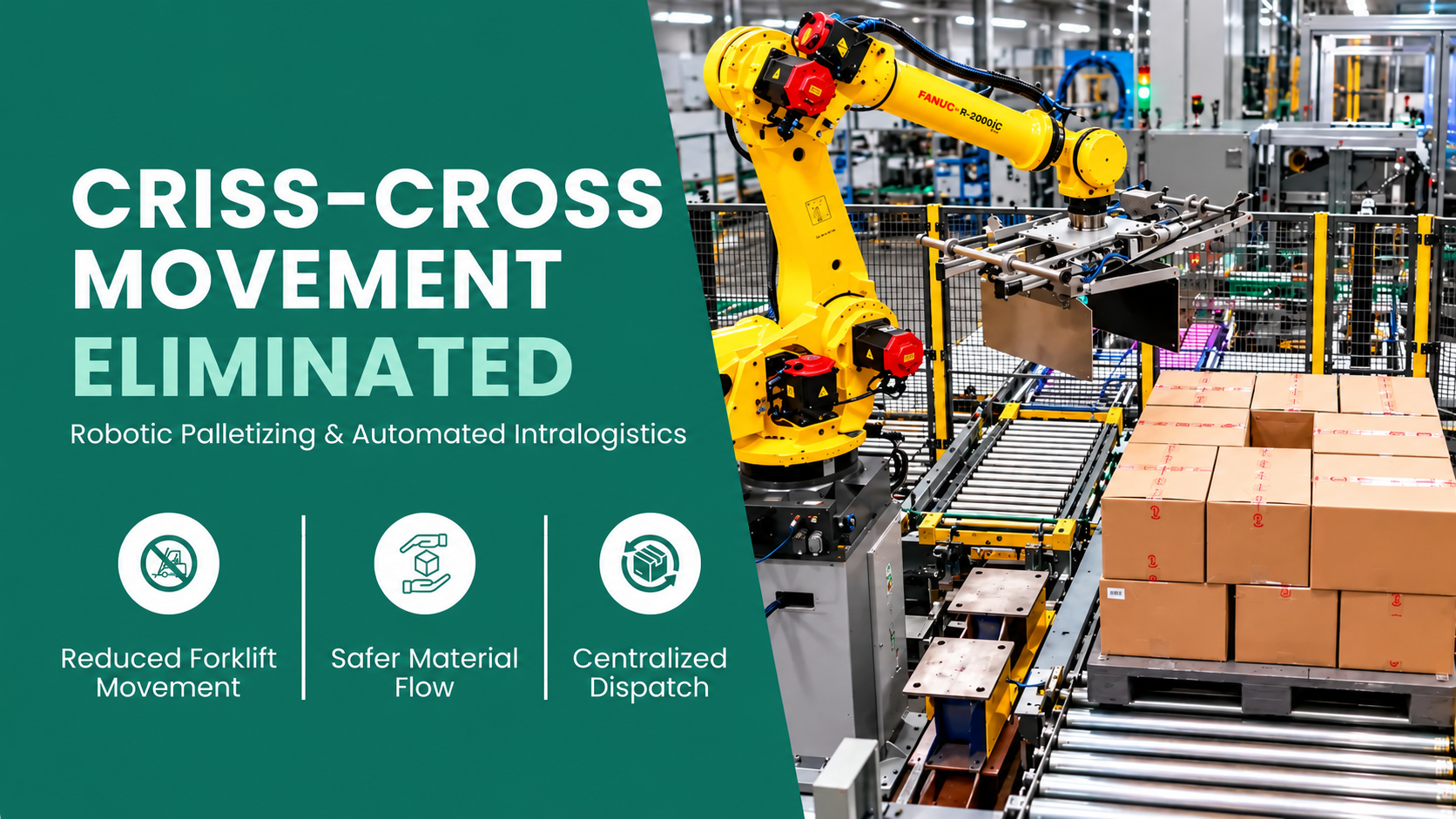 Criss-cross forklift movement eliminated with robotic palletizing and automated intralogistics
