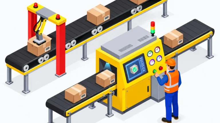 Automated conveyor and material handling system in a manufacturing setup with moving cartons, inspection equipment, and operator control panel