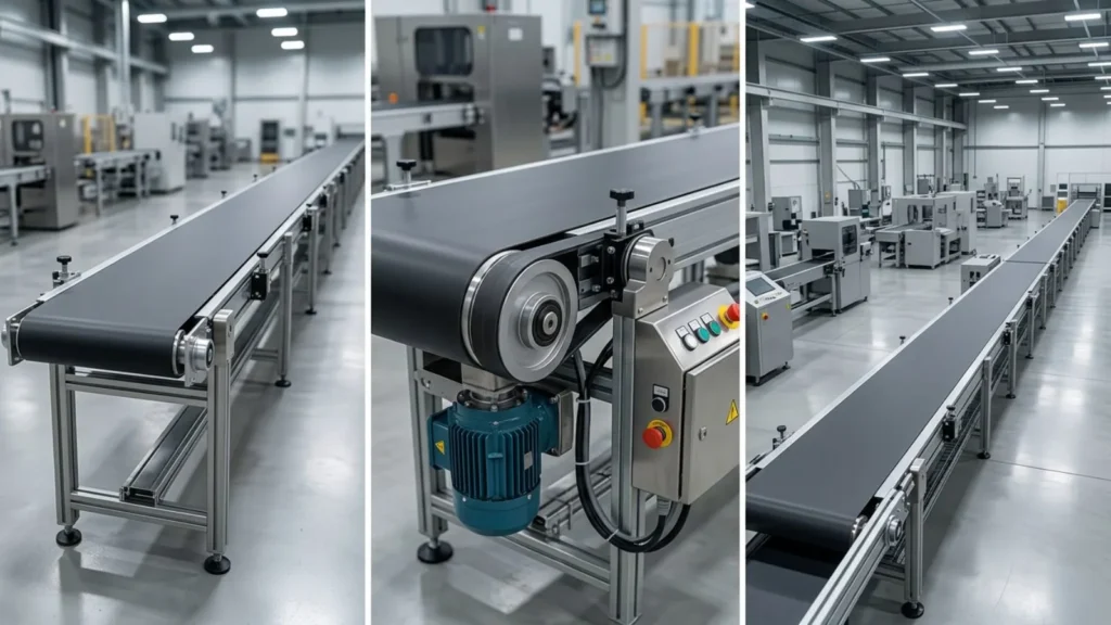 Belt conveyor system from belt conveyor manufacturers in a modern factory, showing automatic conveyor systems and conveyor drive details