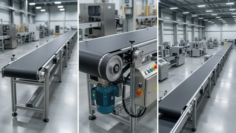 Belt conveyor system from belt conveyor manufacturers in a modern factory, showing automatic conveyor systems and conveyor drive details