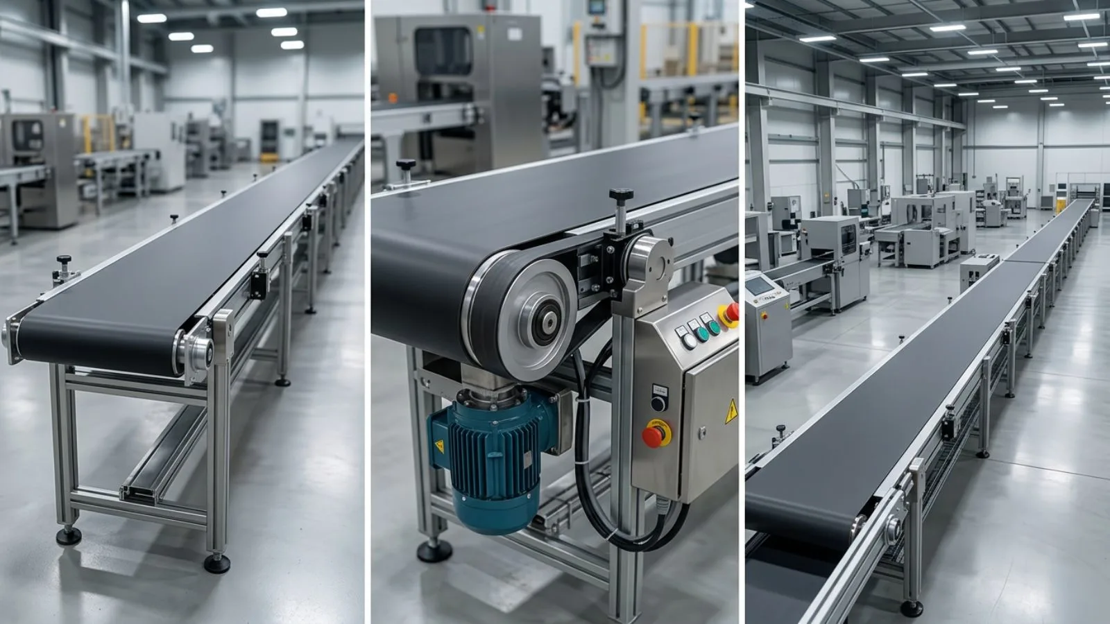 Belt conveyor system from belt conveyor manufacturers in a modern factory, showing automatic conveyor systems and conveyor drive details