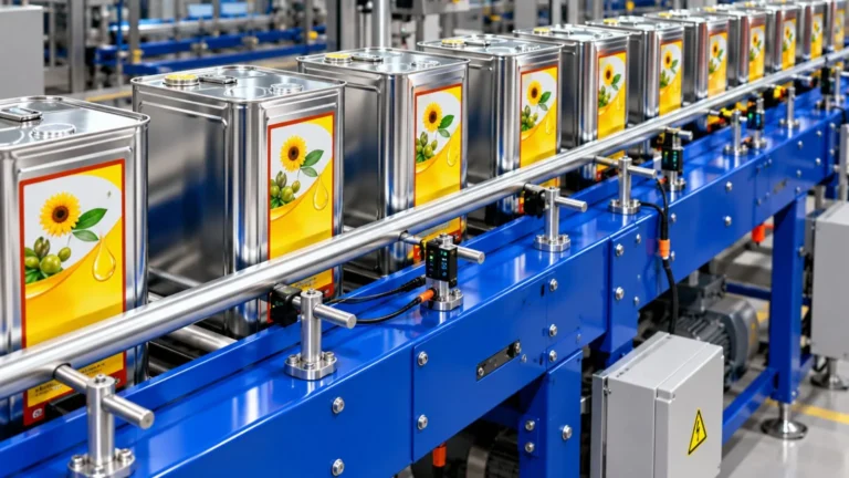 Industrial conveyor and material handling system transporting metal containers on an automated factory line