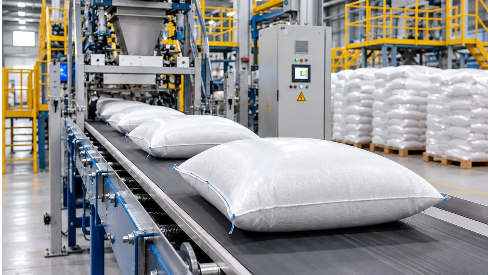 Bag conveyors handling bulk bags in an automated material handling system for industrial packaging operations