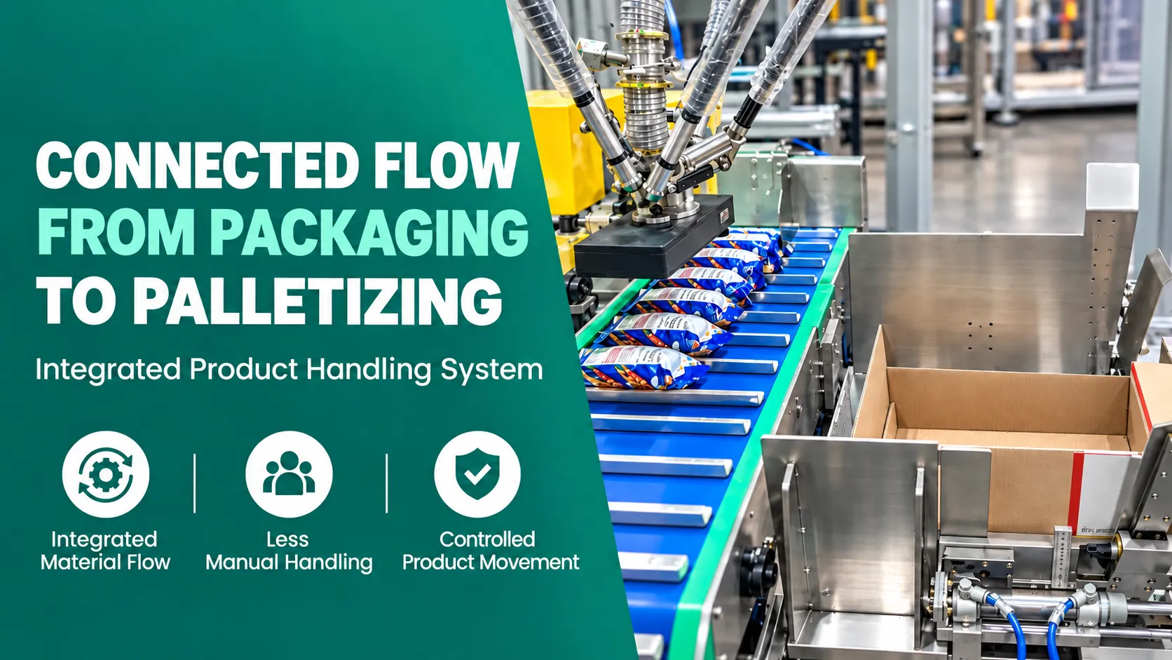 Connected packaging-to-palletizing system with robotic handling and automated product flow