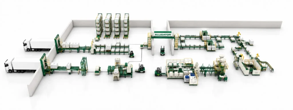 Complete end-of-line food packaging solution with conveyors, palletizing, pallet movement, storage, and truck loading layout.
