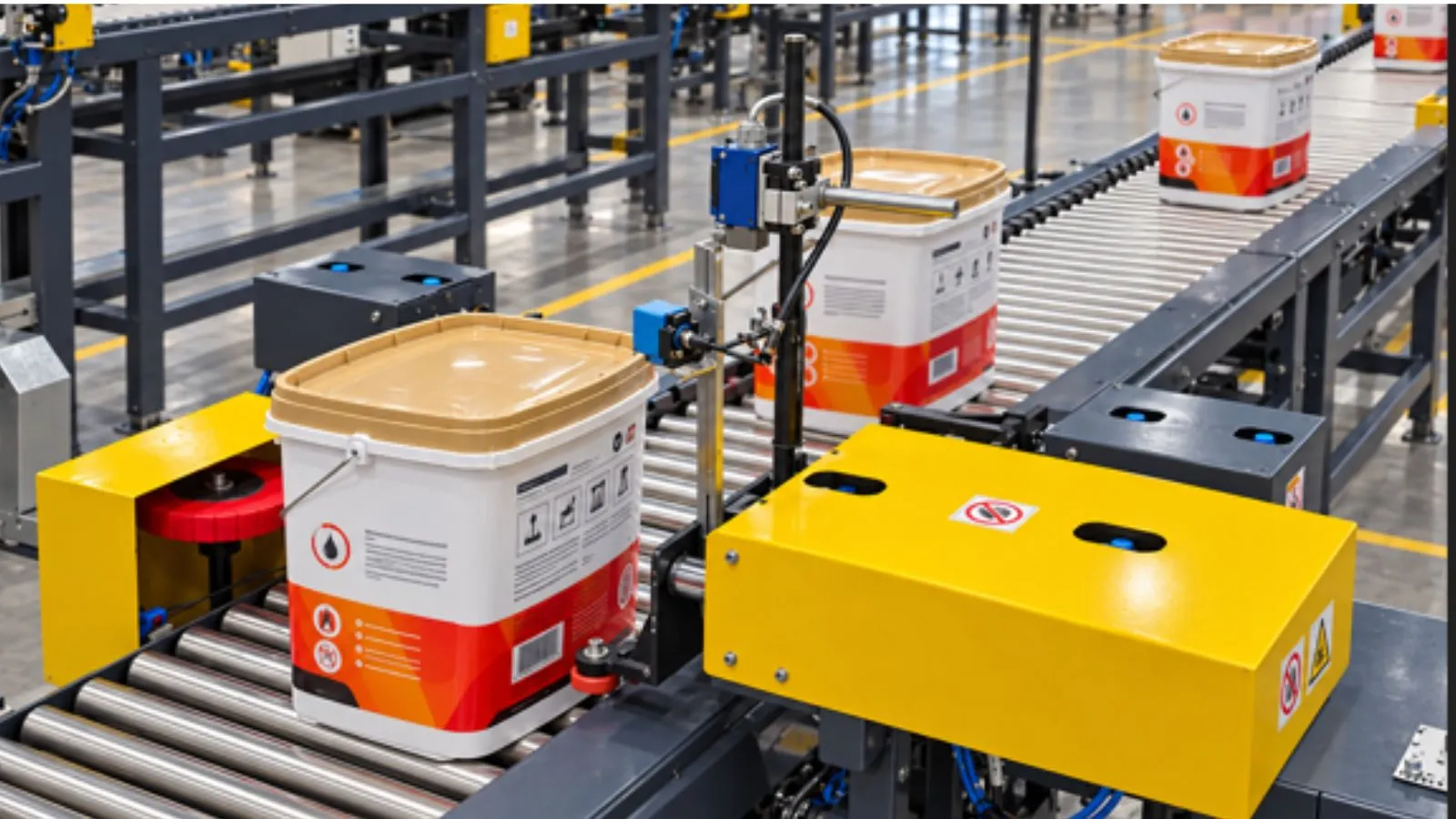 Material handling conveyor transporting sealed industrial pails along an automated roller conveyor system in a manufacturing facility