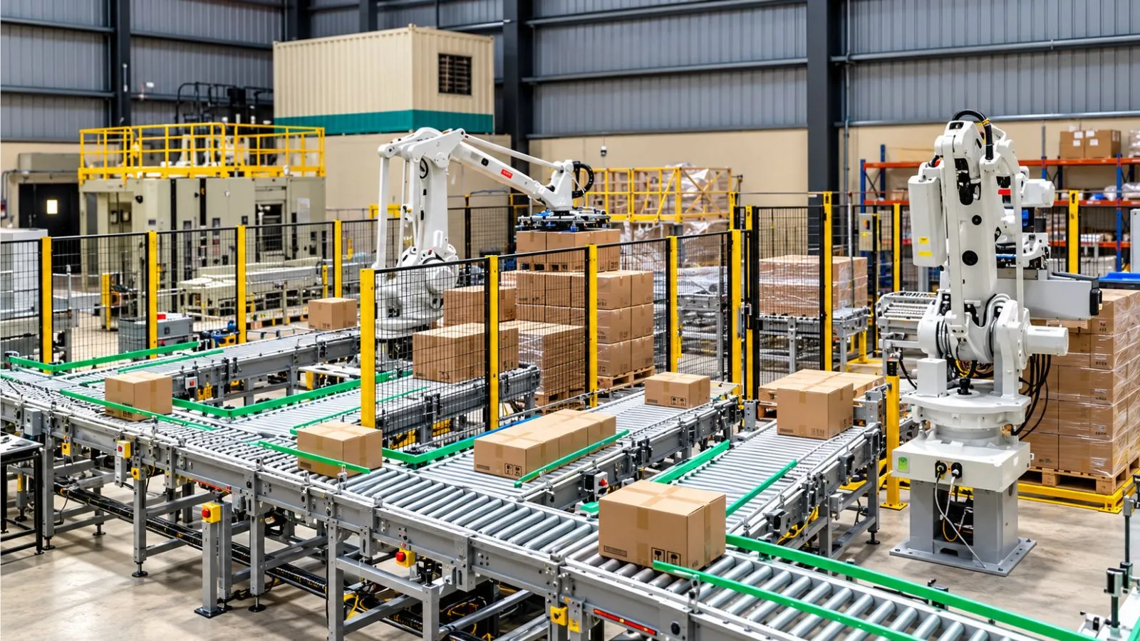Packaging automation system with conveyors and robotic arms handling cartons in an end-of-line operation